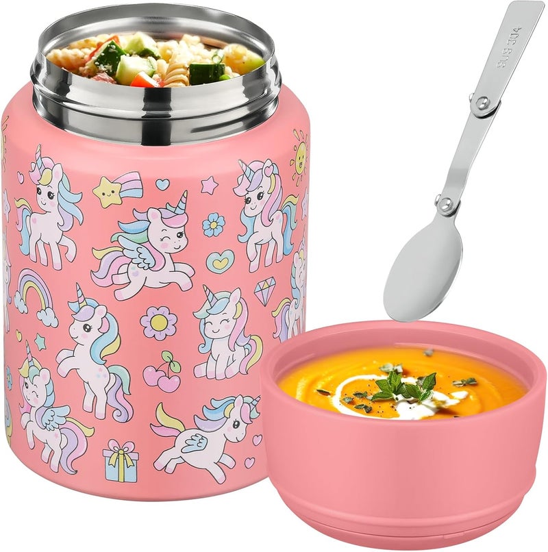 Aimsnk 17oz Soup Thermo for Hot Food Kids Insulated Food Jar,Thermo Hot Food Lunch Container, Width Mouth Stainless Steel Lunch Box for Kids with Handle Folding Spoon (Pink-Unicorn) - Image 2